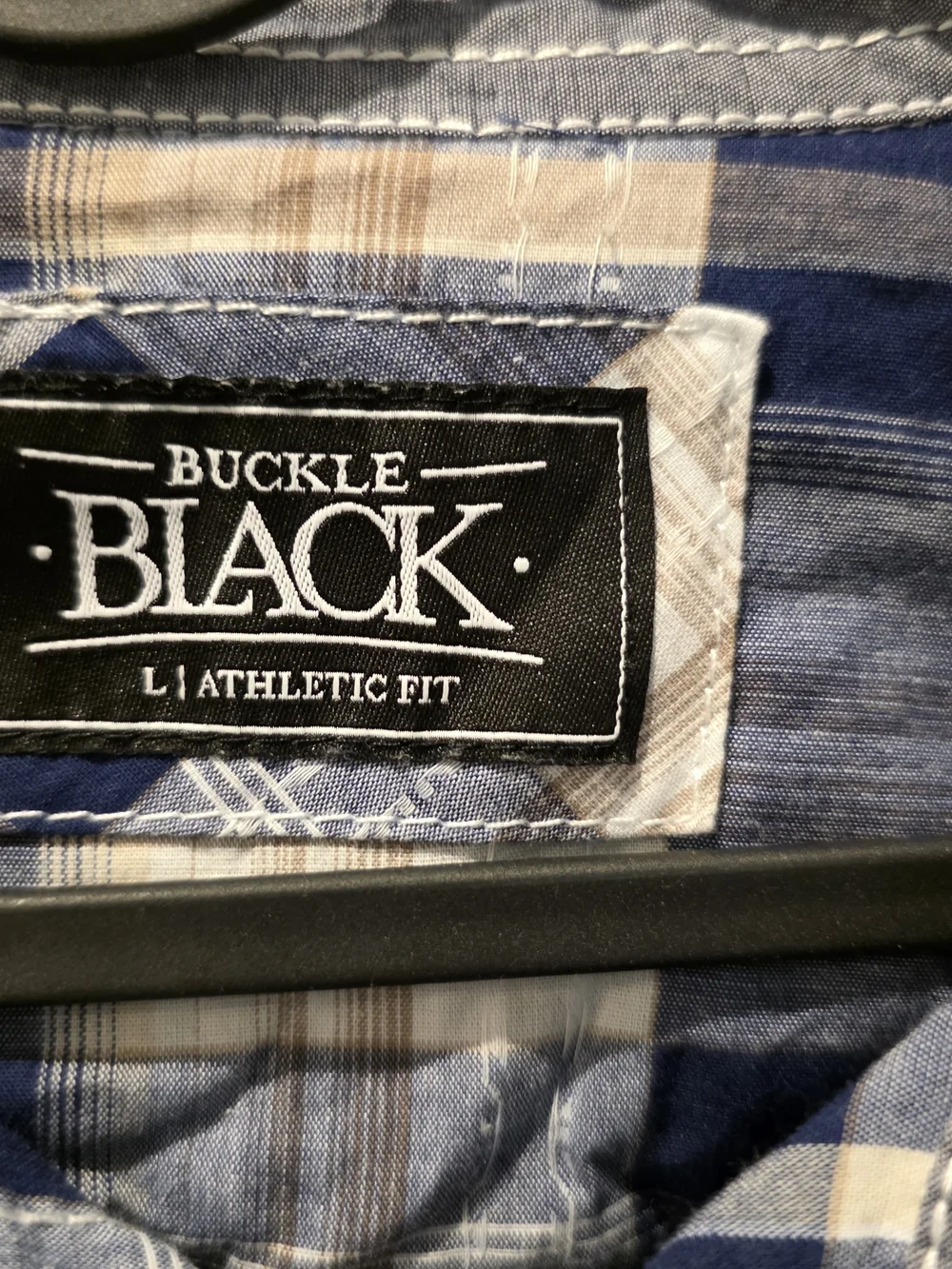 BKE Buckle Black Pearl Snap Shirt Mens L Athletic Fit Blue White Plaid Rodeo